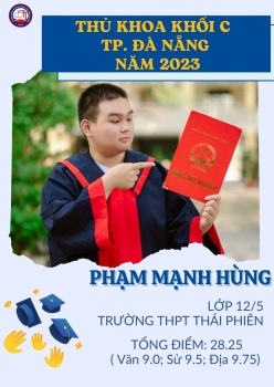 Em Phạm Mạnh Hùng lớp 12/5 Trường THPT Thái Phiên (TP  Đà Nẵng), thủ khoa khối C tại Đà Nẵng.