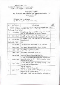 Chương trình Đại hội đại biểu Hội LHTN Việt Nam tỉnh Cao Bằng lần thứ VI, nhiệm kỳ 2024 – 2029
