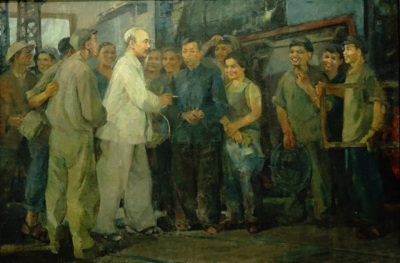 Chủ tịch Hồ Chí Minh với công nhân_Tranh: Tư liệu.
