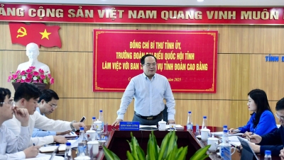 Đồng chí Quảng Minh Cường – Bí thư Tỉnh ủy, Trưởng đoàn đại biểu Quốc hội tỉnh Cao Bằng phát biểu tại buổi làm việc.