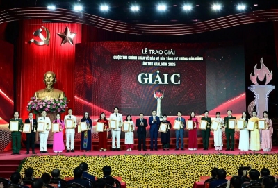 Đại diện nhóm tác giả nhận giải tại Lễ trao giải Cuộc thi chính luận về bảo vệ nền tảng tư tưởng của Đảng lần thứ Năm, năm 2025.