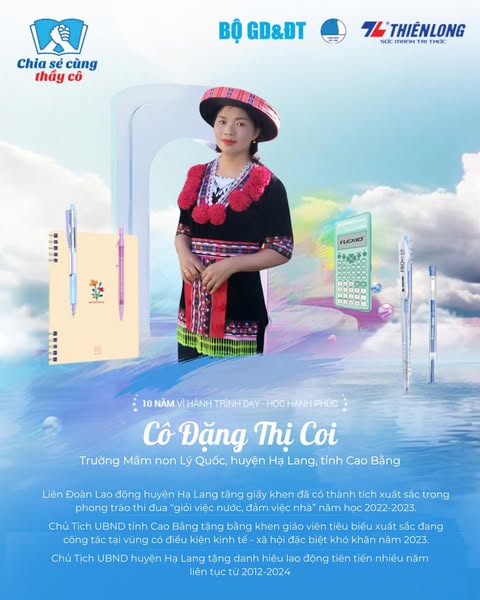 Chúc mừng cô giáo Đặng Thị Coi, giáo viên Trường Mầm non Lý Quốc, huyện Hạ Lang vinh dự được tuyên dương trong chương trình “Chia sẻ cùng Thầy Cô” năm 2024.