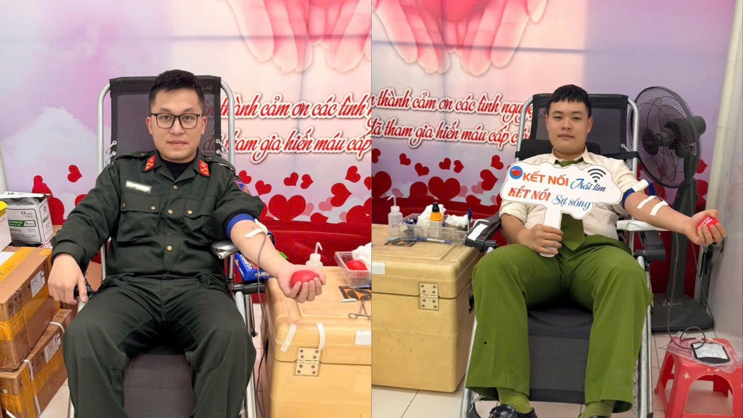 Thượng uý Lê Khánh Duy, Phó Đội trưởng, Bí thư Đoàn cơ sở Phòng Cảnh sát cơ động và Hạ sĩ Nông Trần Vũ, chiến sĩ nghĩa vụ, Phòng Cảnh sát cơ động kịp thời hiến máu.